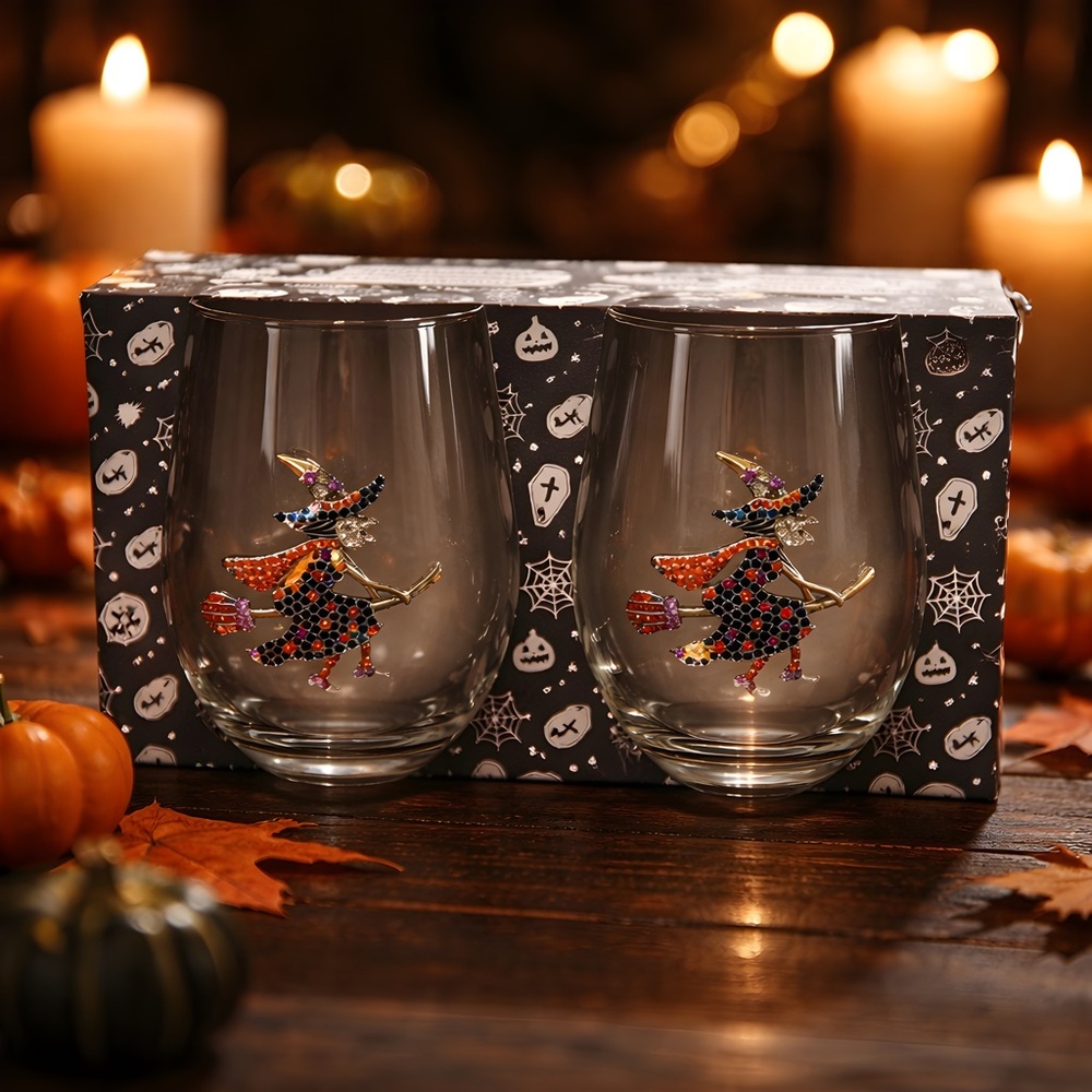 *NEW* Witch on broomstick Stemless Wine Glass Set